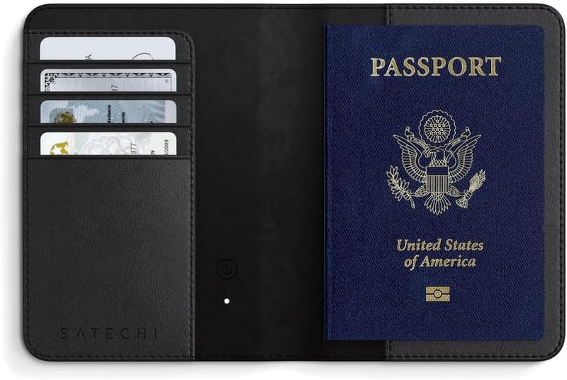 SATECHI Passport Holder for Travel with Find My, Passport Cover with 4 Card Holder, Wireless Charging, and RFID protection – Travel Essential Vegan Leather Passport Holder – Black - Image 1